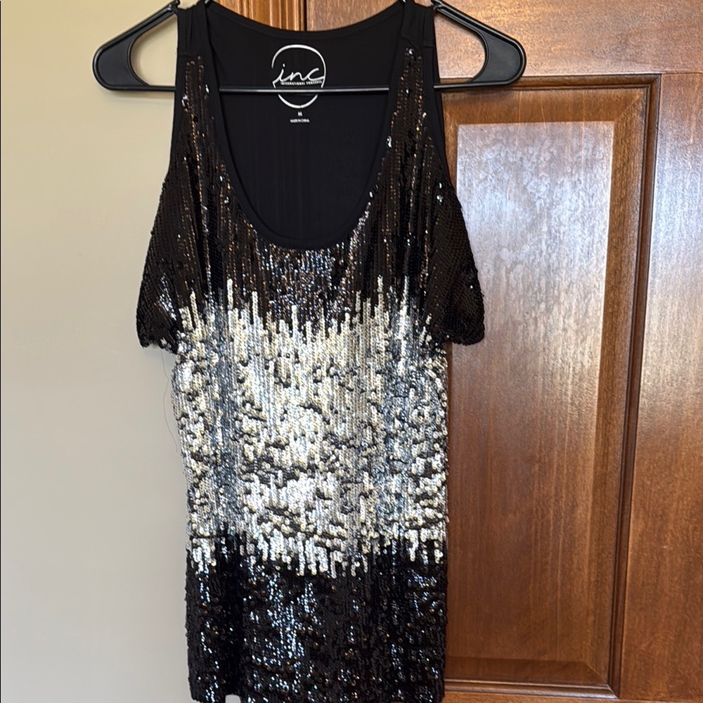 INC International Concepts Black and Silver Sequin Tank Top